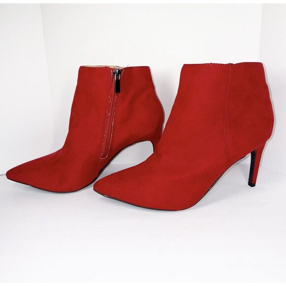 Red Pointed Toe Bootie Ankle Stilettos Boot Christmas Holiday Party Side Zip 8 - Picture 1 of 14